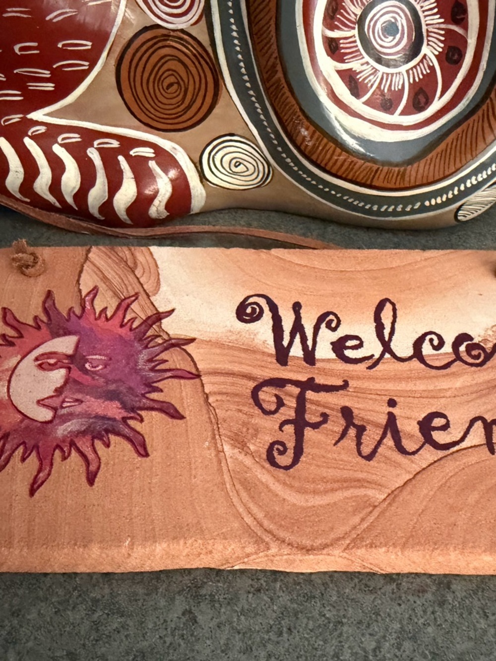 Welcome Friends Sun & Moon Wall Sign in Brown and Purple